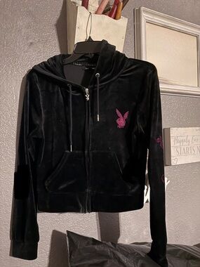 PLAYBOY Black Velour Zip Hoodie with Pink Crystal Bunny Accents